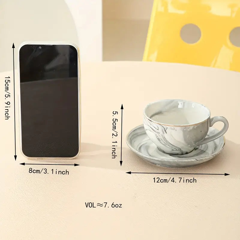 Marble Espresso Cup and Saucer Set with Gold Edge