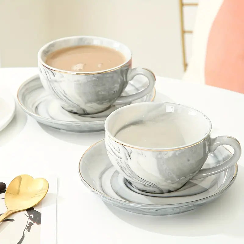 Marble Espresso Cup and Saucer Set with Gold Edge