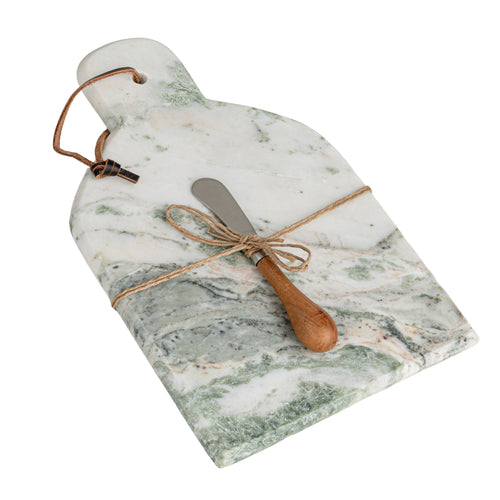 Creative Co-Op Marble and Wood Cutting Board with Knife Natural and Green