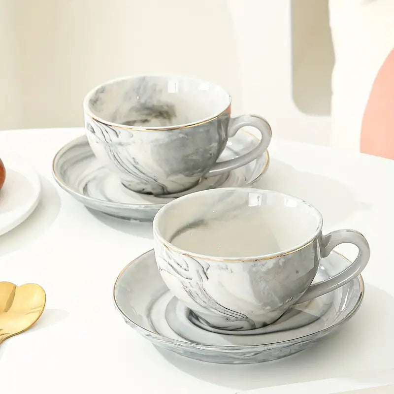 Marble Espresso Cup and Saucer Set with Gold Edge