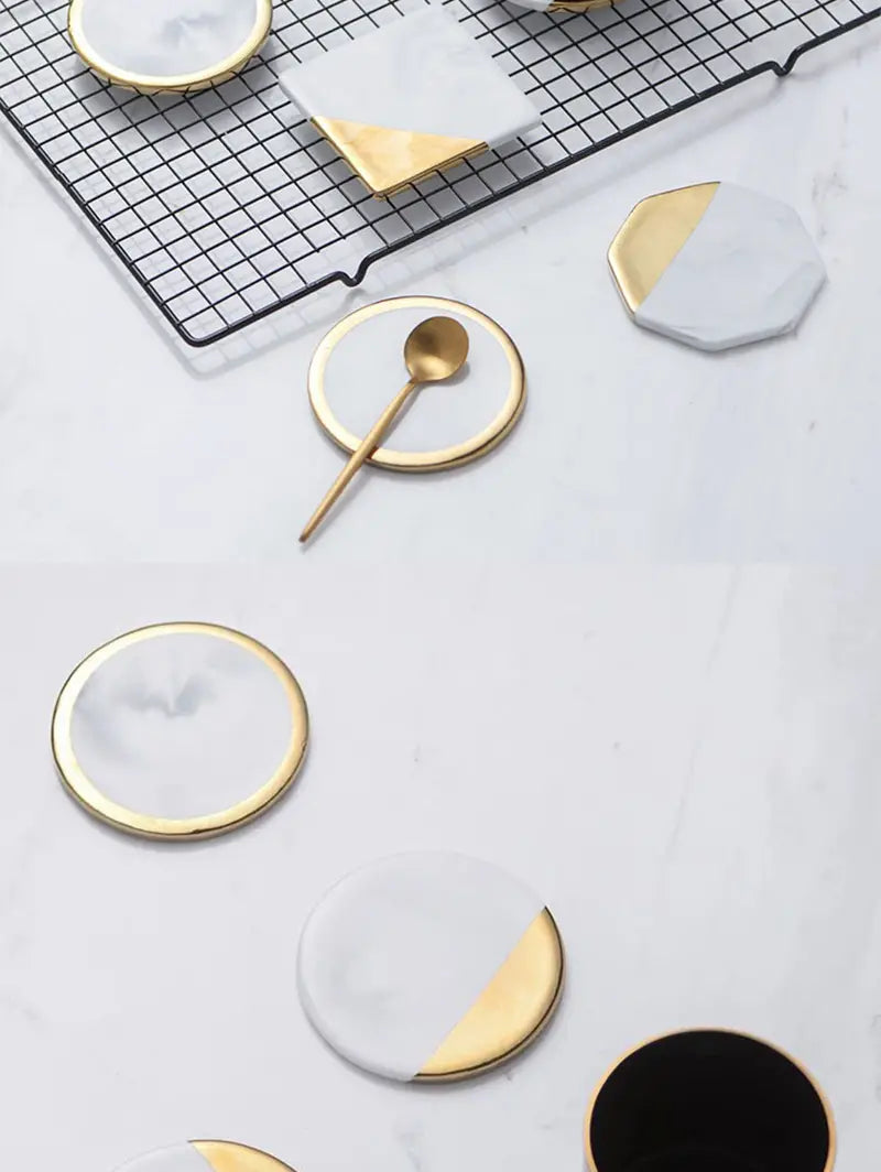 Marble Coaster Set with Gold Geometric Design
