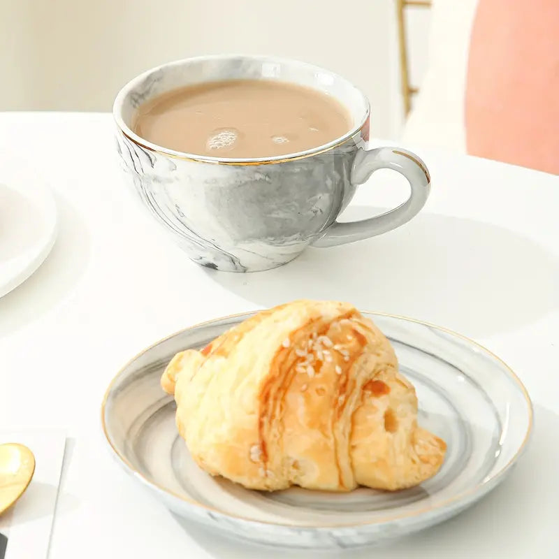 Marble Espresso Cup and Saucer Set with Gold Edge