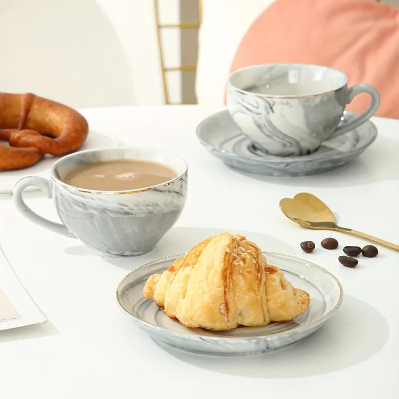 Marble Espresso Cup and Saucer Set with Gold Edge