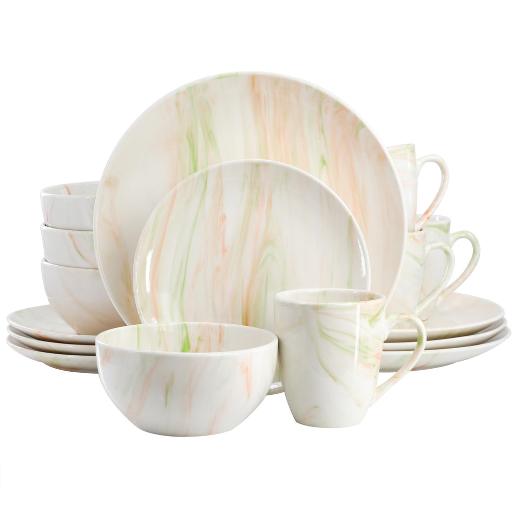 Elama Fine Marble 16 Piece Porcelain Dinnerware Set Tableware Set Everyday Dining Service for 4 (Orange/Green)