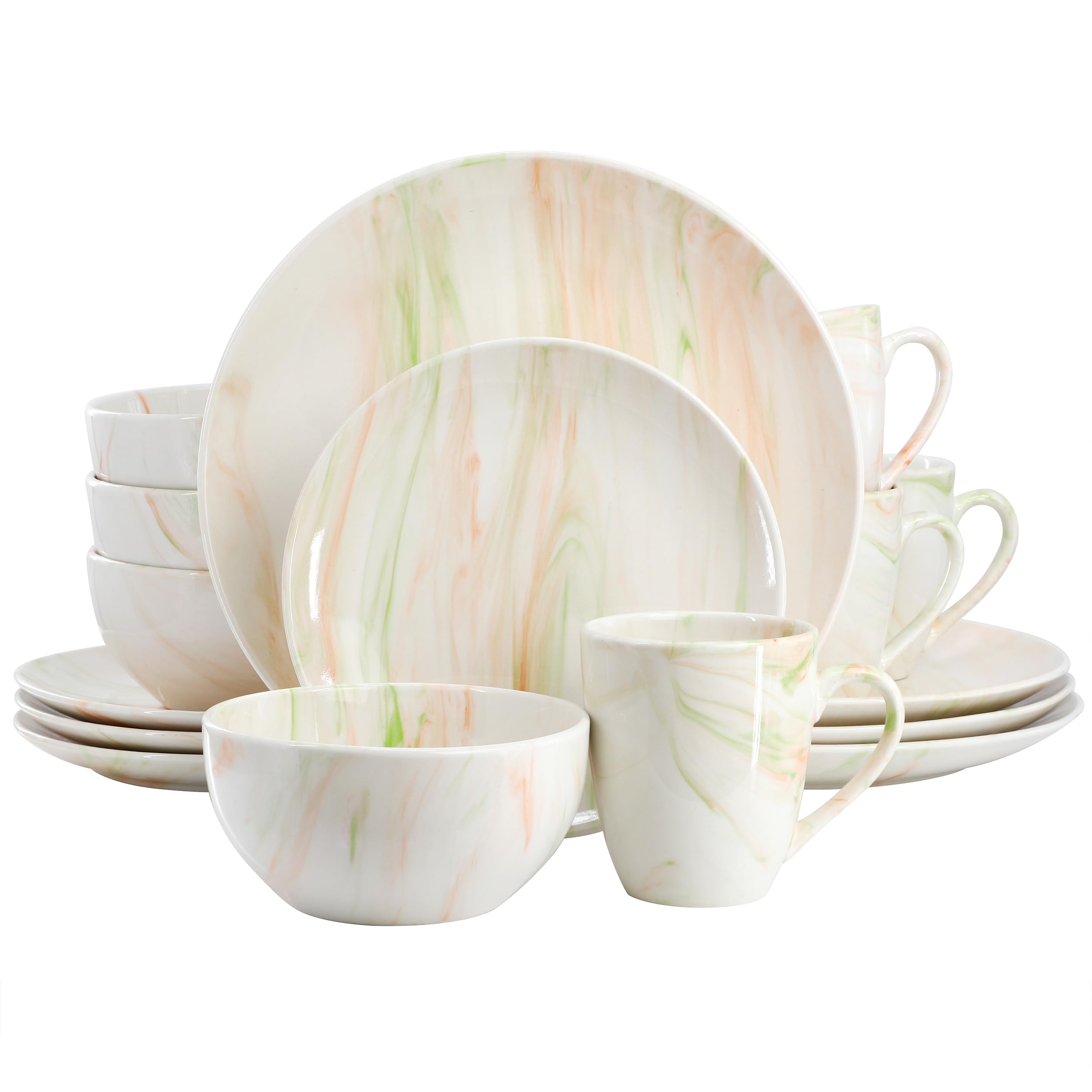 Elama Fine Marble 16 Piece Porcelain Dinnerware Set Tableware Set Everyday Dining Service for 4 (Orange/Green)