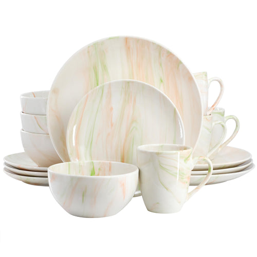 Elama Fine Marble 16 Piece Porcelain Dinnerware Set Tableware Set Everyday Dining Service for 4 (Orange/Green)